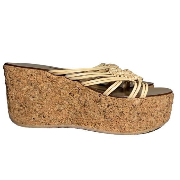 Vicini Tapeet Natural Cork Wedge US 7 EU 37.5 Beige Platform Made in Italy NEW - Picture 8 of 16